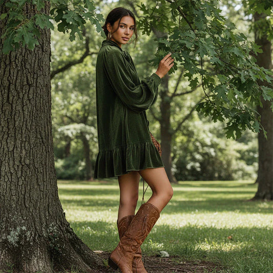 Dámské sametové šaty s vázacím výstřihem a volánkovým lemem