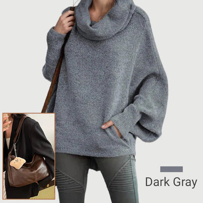 Dámsky sveter s kapucňovým výstrihom v tvare netopiera a vreckami