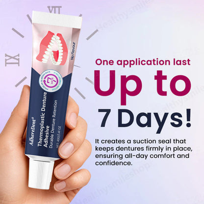 Termoplastické lepidlo na zubné protézy AdhereDent s dlhotrvajúcou fixáciou zubnej protézy