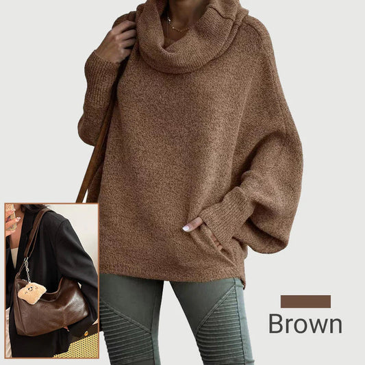 Dámsky sveter s kapucňovým výstrihom v tvare netopiera a vreckami