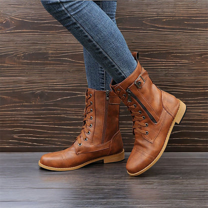 👢Dámské kožené ortopedické boty s kulatou špičkou a bočním zipem