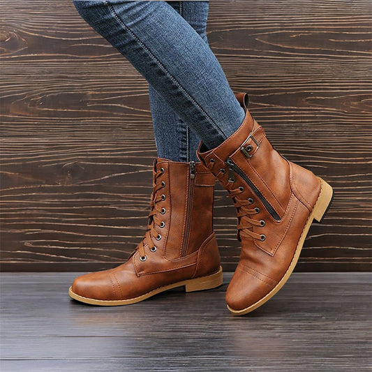 👢Dámské kožené ortopedické boty s kulatou špičkou a bočním zipem