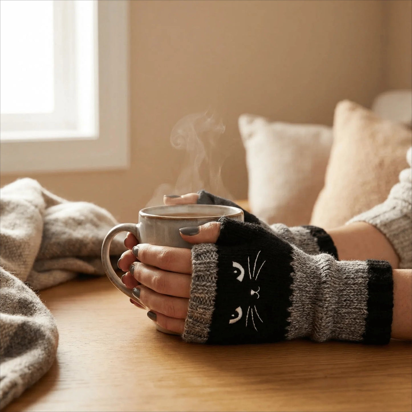 Bezprstové rukavice s výšivkou kočky – teplé a stylové na zimu 🧤